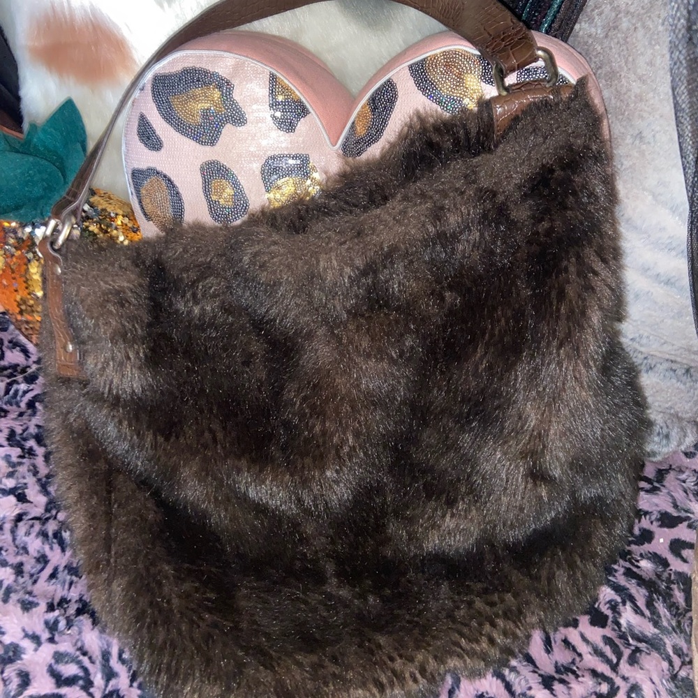 VTG RARE - Large Dark Brown Faux Fur & Leather Shoulder Bag - Picture 12 of 12
